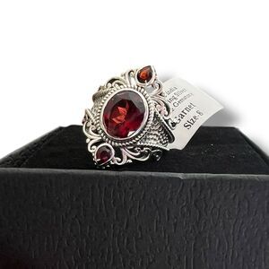 Natural Garnet 3-Stone Sterling Silver Artisan Ornate Statement Ring Size 8